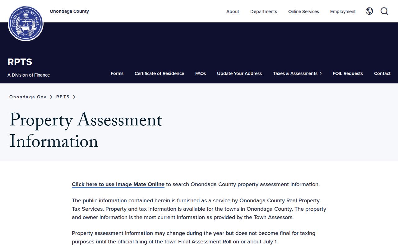 Onondaga County residents directory property tax and Image Mate access page