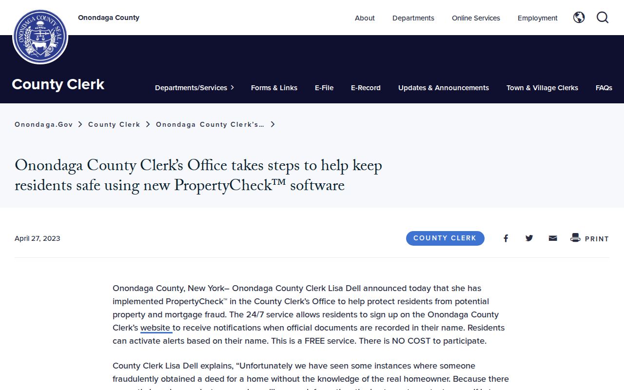 Onondaga County residents directory PropertyCheck fraud alert information