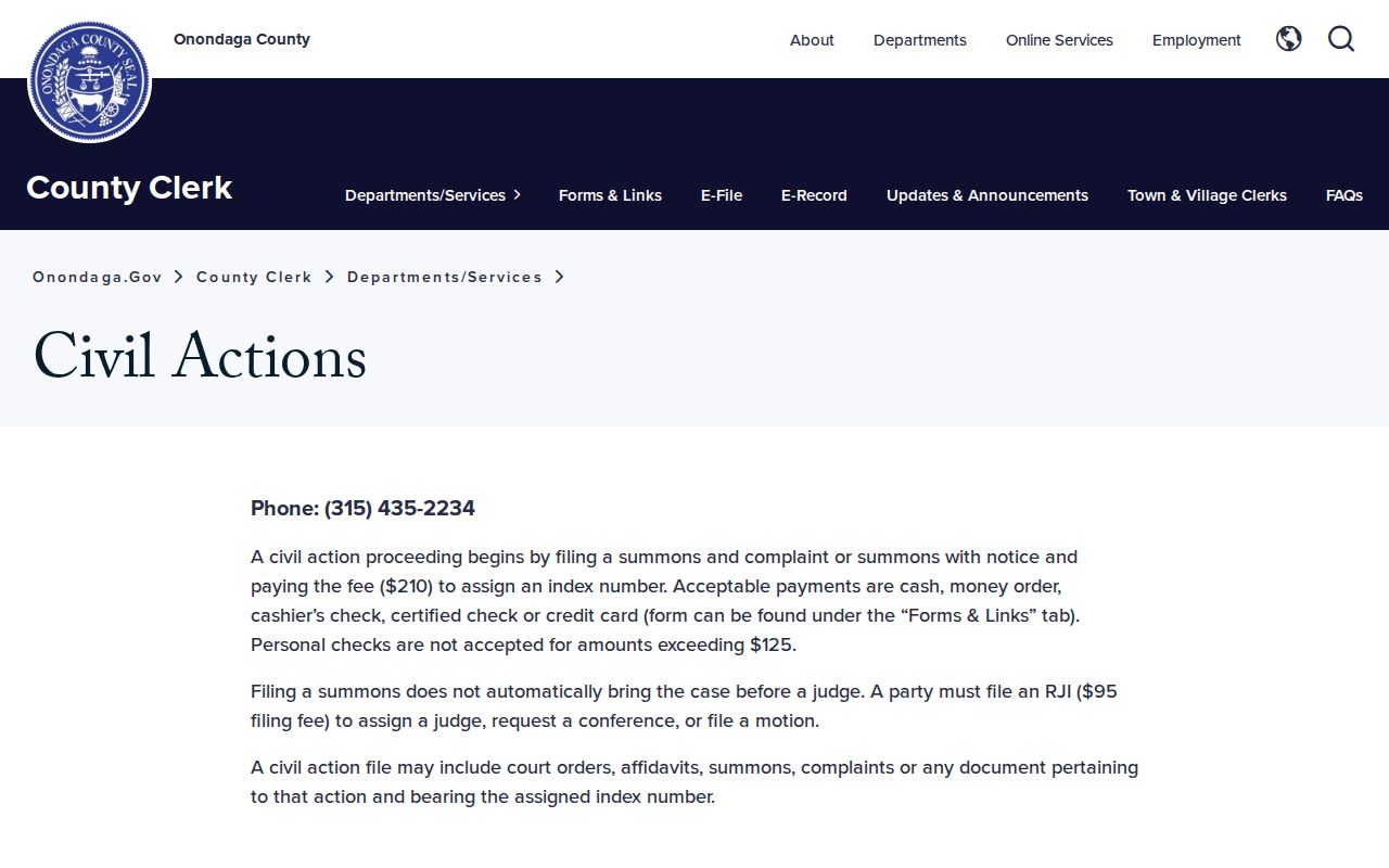 Onondaga County resident lookup County Clerk civil actions access page