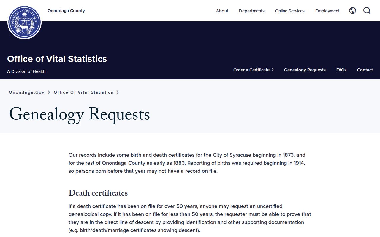 Onondaga County resident lookup vital genealogy eligibility and fee page