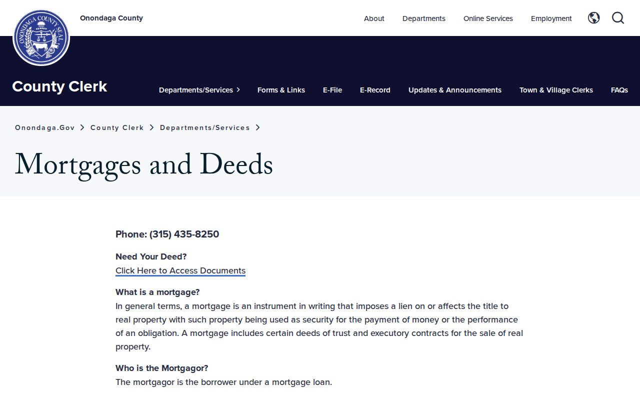 Onondaga County street directory County Clerk mortgages and deeds access page